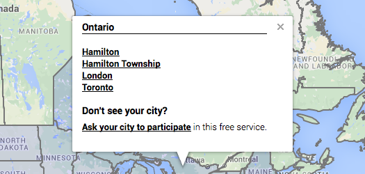 The Community Crime Map with Ontario selected and a list of available cities